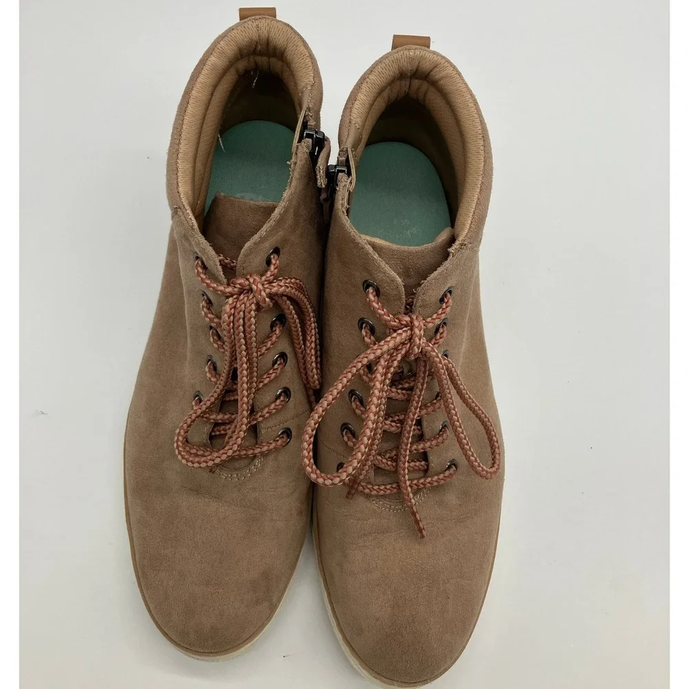 Dr. Scholls Suede Wedge Sneakers Tan Lace Up Side Zip Boots Womens 9.5M